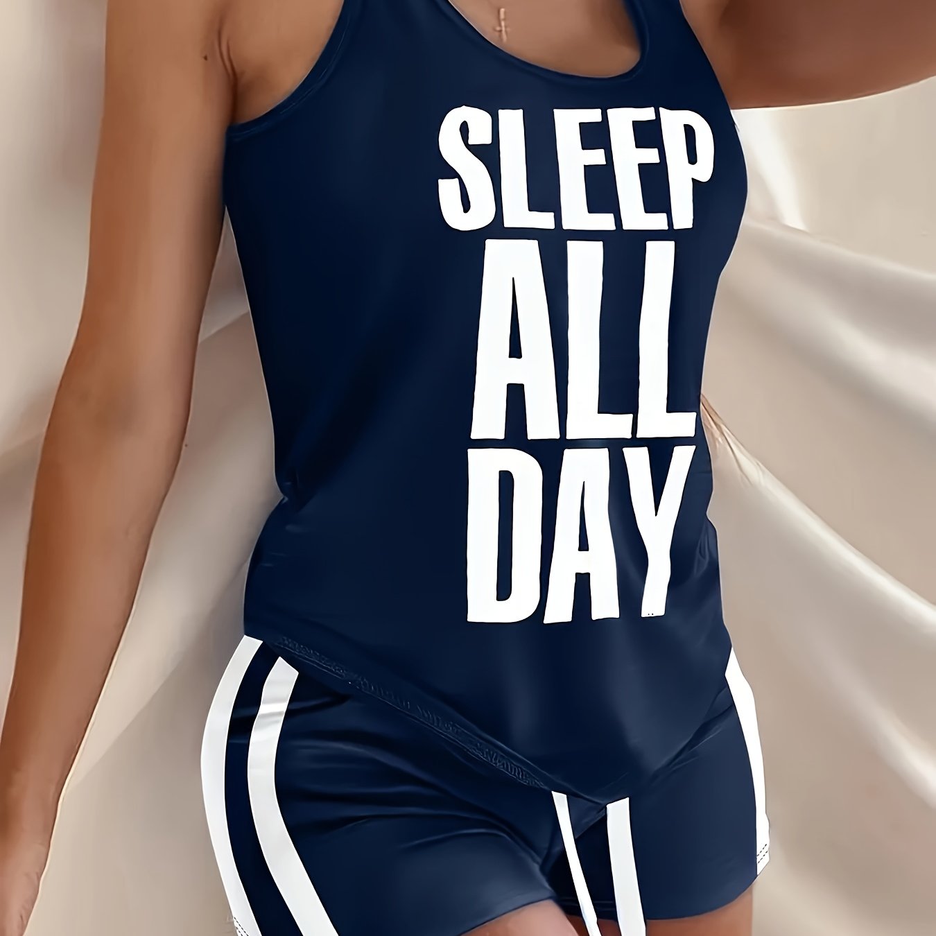 E-shop 2er-Set Damen Sommer Hausanzug Pyjama, elastisch und schmal geschnitten, figurbetont, Weste mit Buchstabenprint, Shorts mit elastischem Bund und