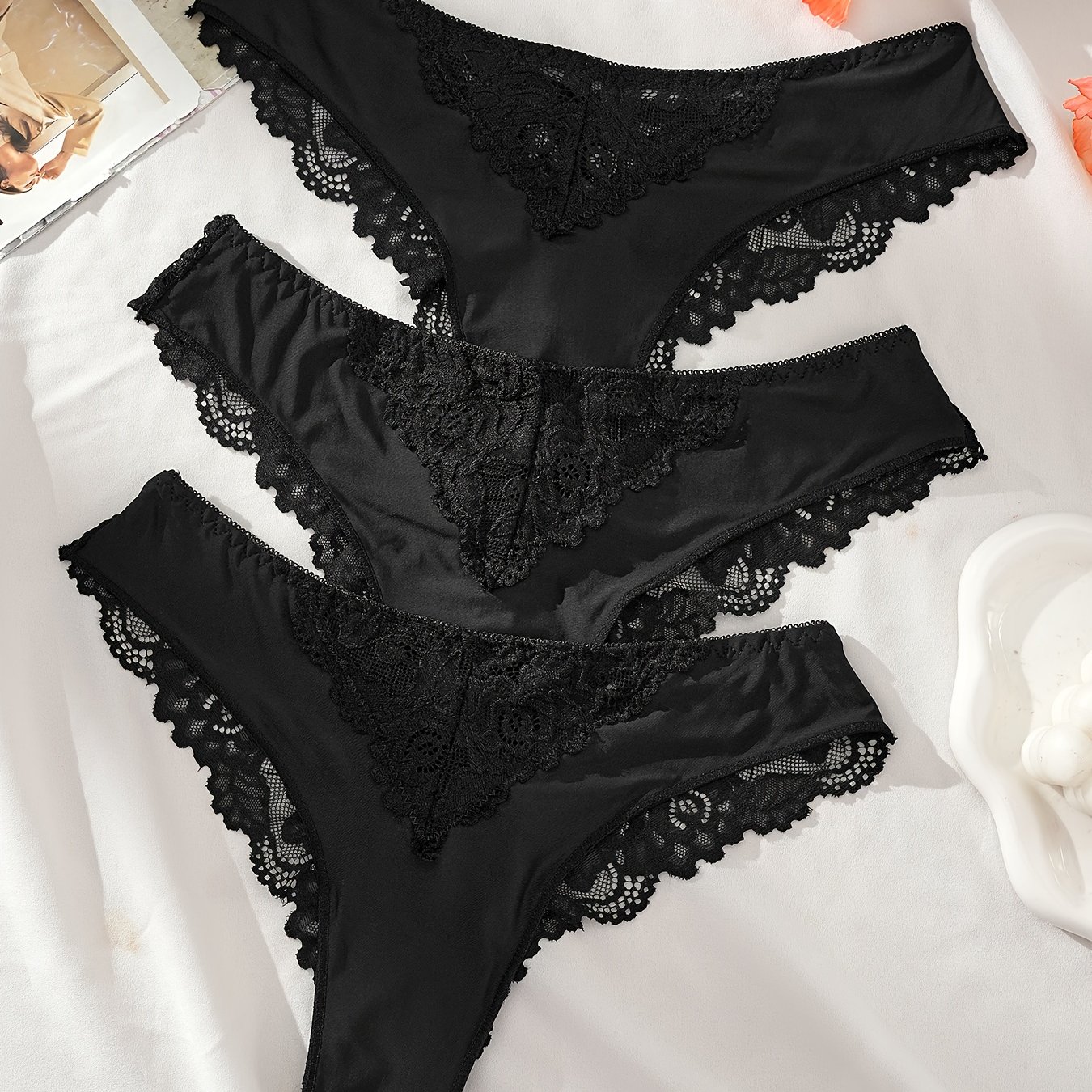 TEMU 3pcs Black Lace-trimmed Women's Briefs, Close-fitting, Breathable, Easy To Clean, Sexy And - Perfect For Dates Or Birthday Gifts, Sexy Lace Trim