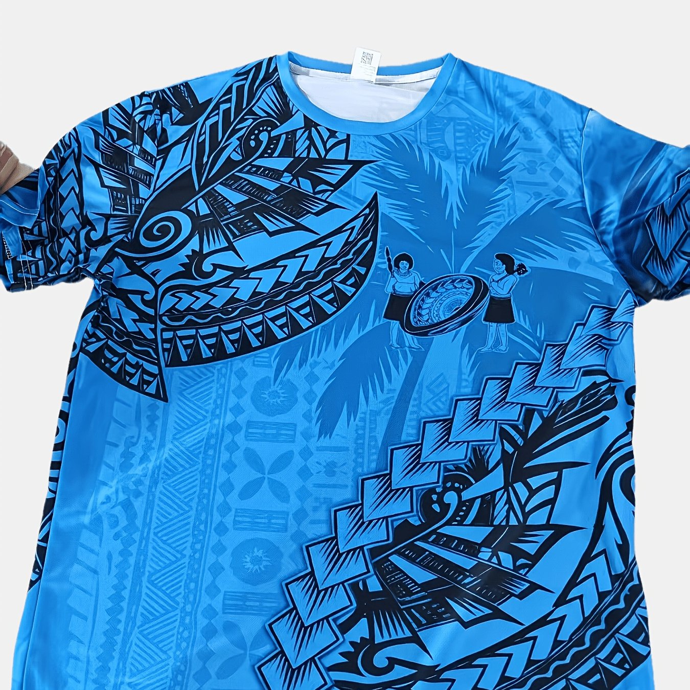 TEMU [printed Design- No Texture] Men's Full-print T-shirt With Polynesian Geometric Pattern Decoration Design Round Neck Short Sleeve T-shirt For