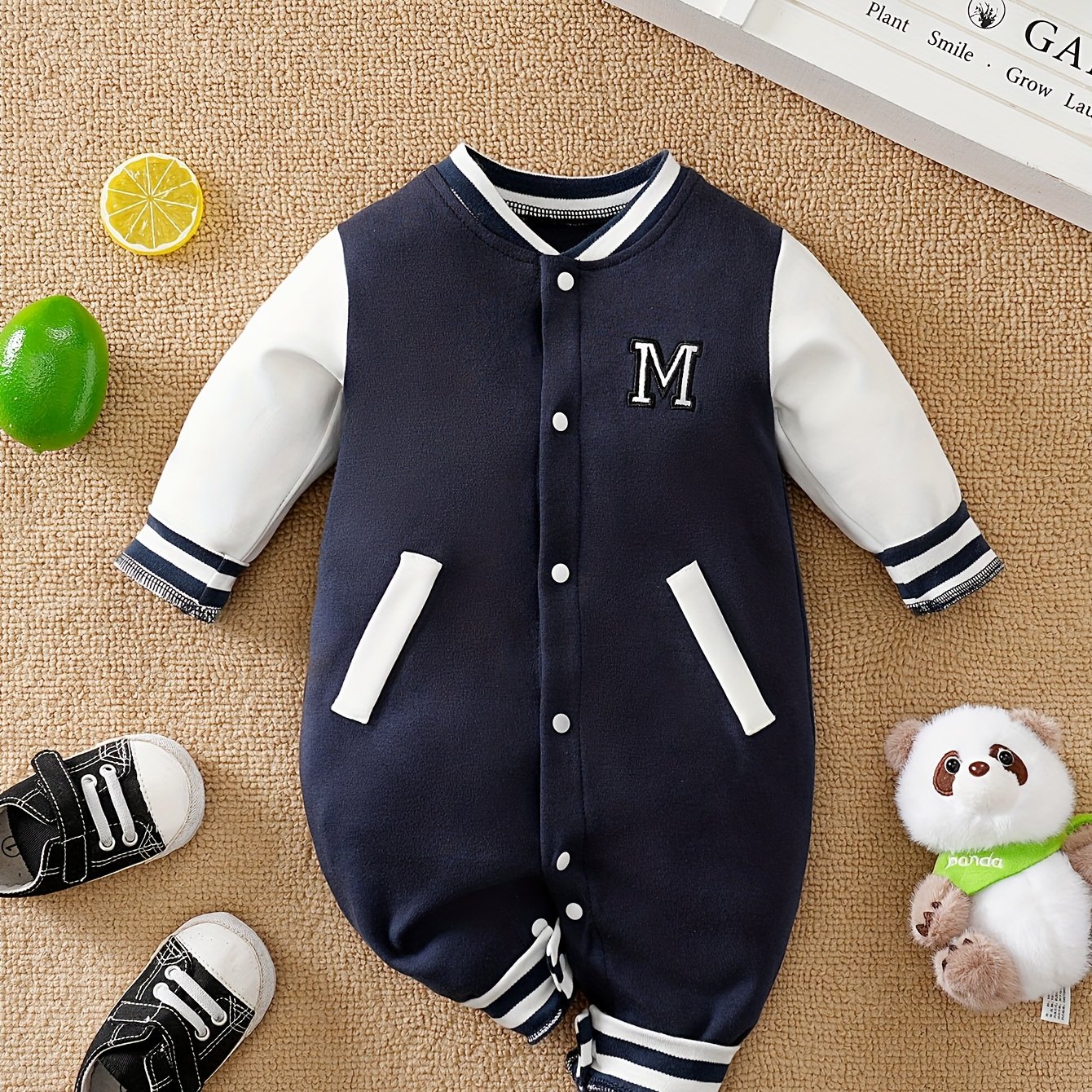 Cotton Navy Blue Letter Print Baseball Jacket, Long Sleeve Bodysuit For Children, Spring/autumn Style, Perfect For Outdoor