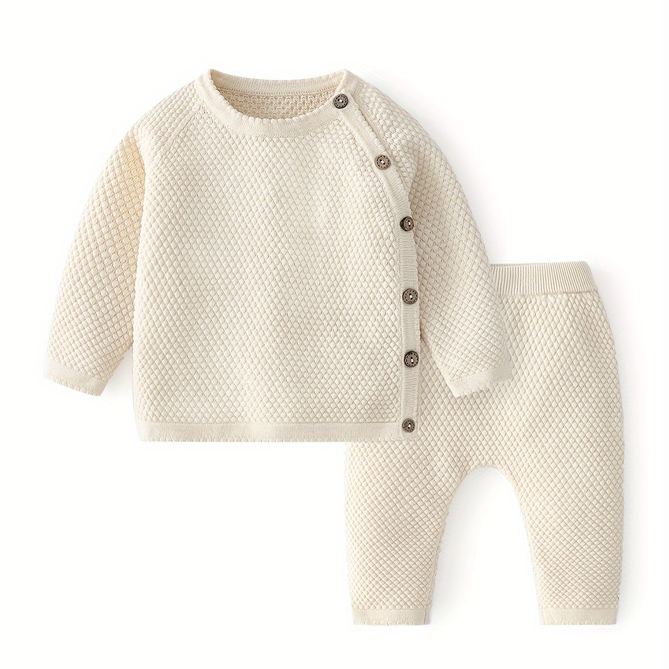 Image of Solid Color Newborn Knit Sweater Set With Pants, 2pcs Set, Perfect For Outdoor
