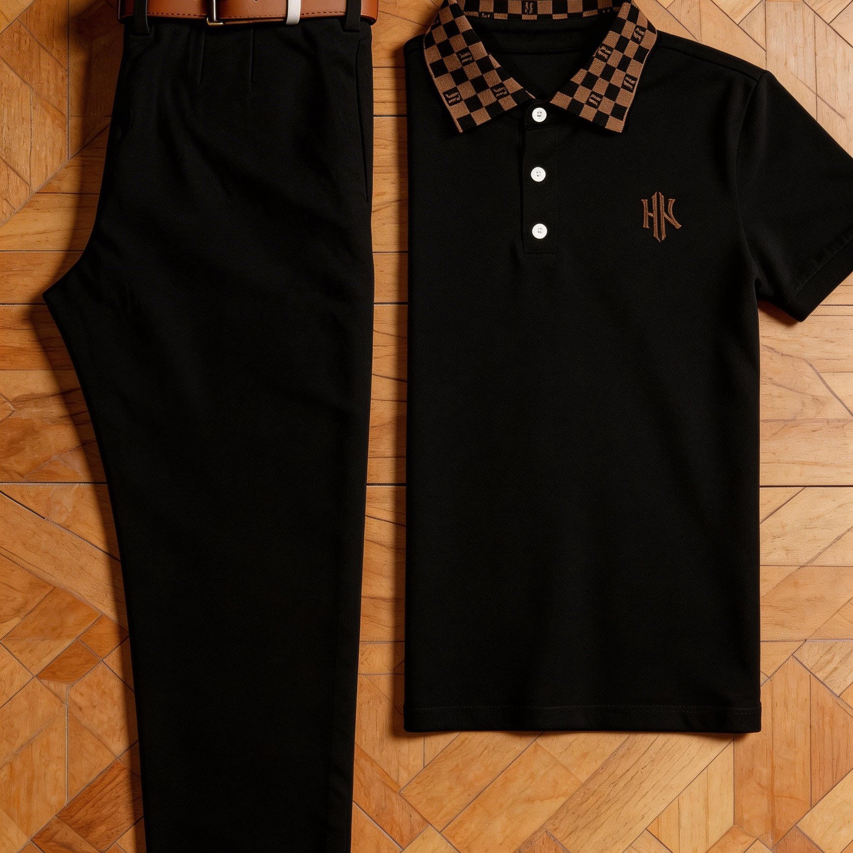Image of 2026 's Checkerboard Neck Embroidery, Casual Sports Suit 2pcs Set - Hk Embroidered Short Sleeve Shirt And Black Trousers | Light Luxury Business/ Academic Style/ Daily Wear