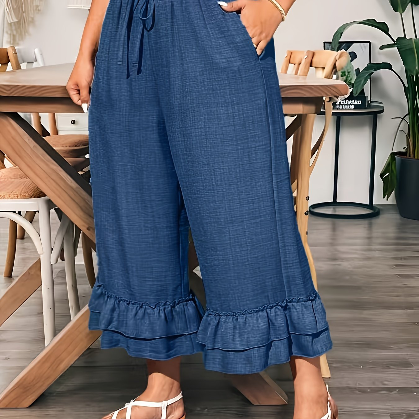 TEMU Grande Taille - Grande Taille - Pantalons Décontractés Femme Grande Taille avec Volants et Poches