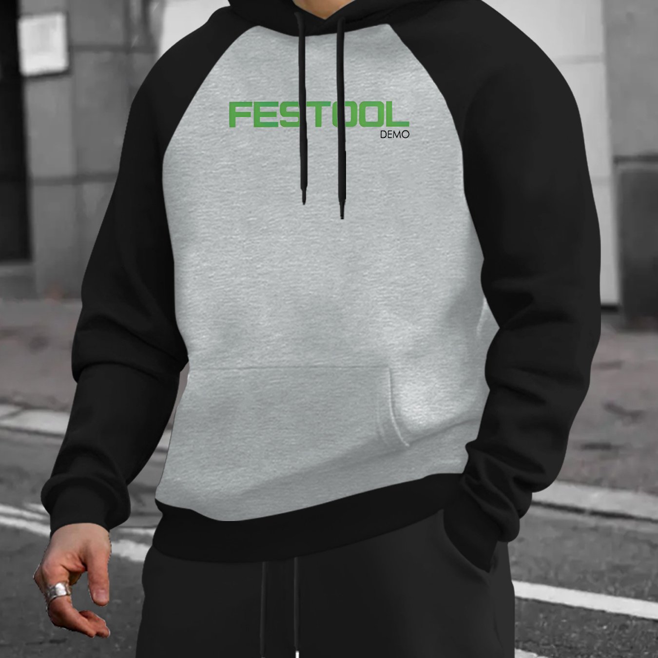TEMU Men's Heavy-duty Color-block Hooded Sweatshirt With Festool Logo-like Print, Raglan Sleeves & Pocket - Casual Winter Pullover For Diy, Workwear,