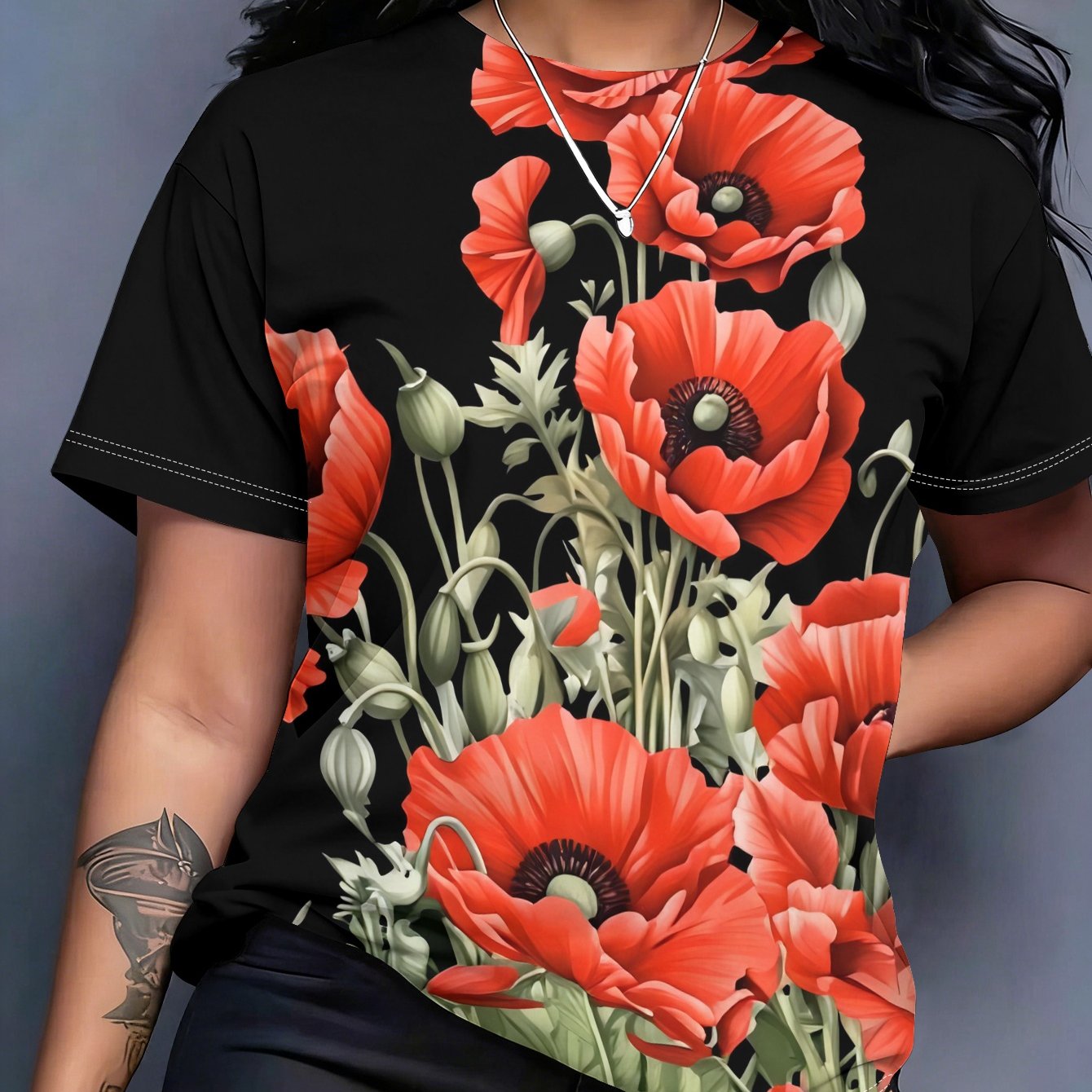 TEMU Women's Short-sleeve T-shirt With Full- Poppy Flower Print - Round Neck Casual Blouse Top | Opaque Summer Casual Attire Suitable For Warm