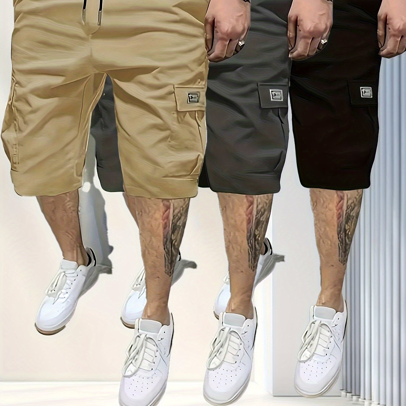 TEMU 3pcs Men's Casual Loose Cargo Shorts - Large Pockets And Letter Print, Machine Washable Non-stretch Fabric, , , Street Fashion, Summer Wardrobe