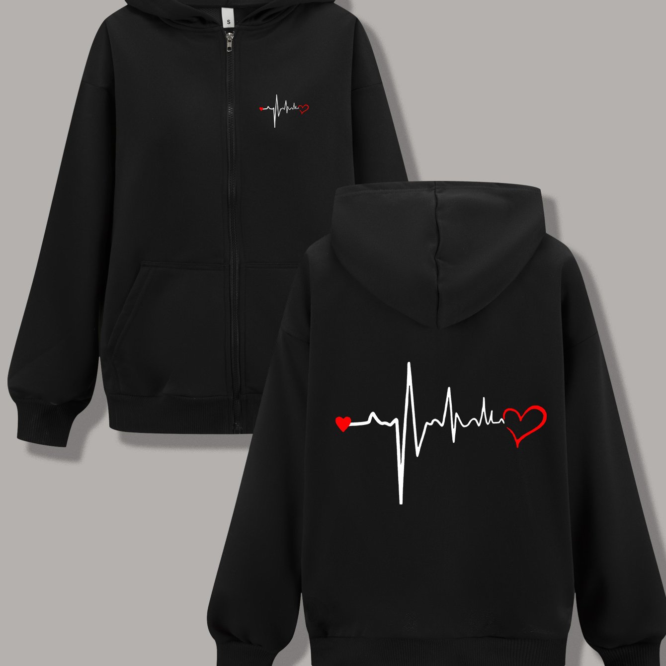 TEMU Felpa con cappuccio e cerniera casual da donna a maniche lunghe con stampa motivo elettrocardiogramma Love, adatta per , estate e , poliestere