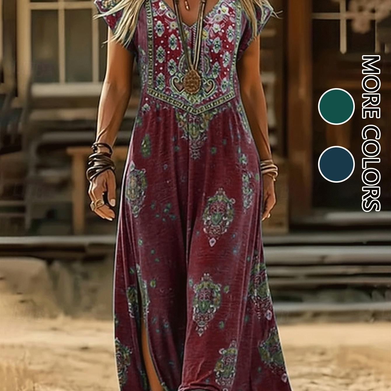 Image of Summer Women's Retro Paisley Print V-neck Short Sleeve Long Dress High Waist Side Slit Western Style Dress