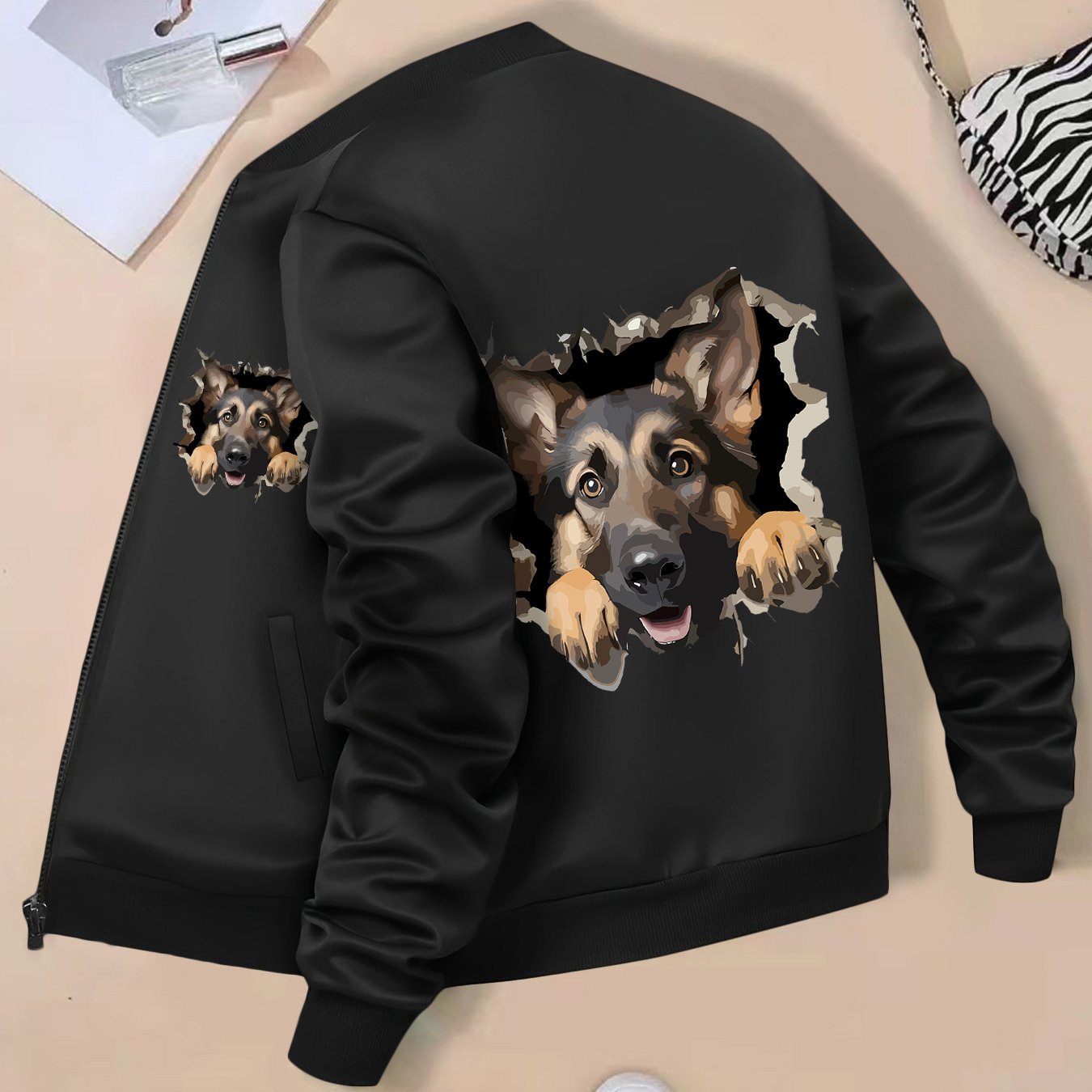 TEMU Women's Autumn And Winter Zip-up Jacket, American Trendy Stylish Prints, Black Thickened Fleece Casual Coat With Pockets, Unique Leisure A15