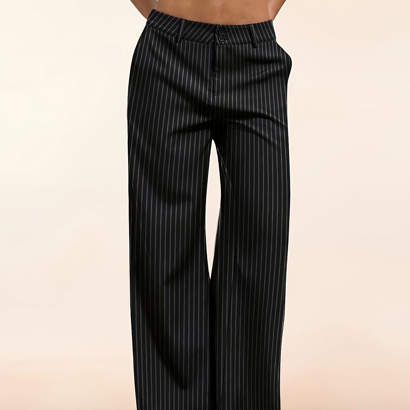TEMU Low-rise Commuting Trousers, Elegant And Simple Clothing, Four-season Casual And Comfortable Striped Trousers, Double-slit Low-rise Wide-leg