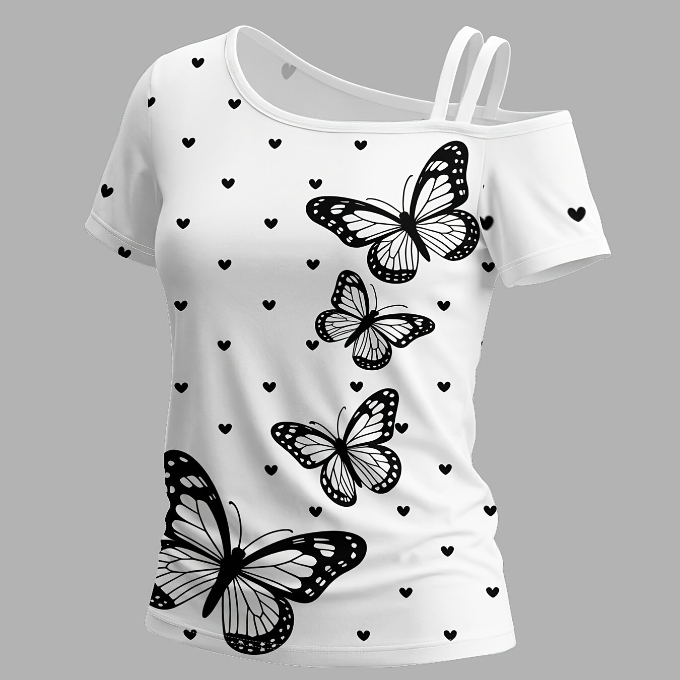 TEMU Black And White Women's Off-shoulder Short-sleeve T-shirt With Single Shoulder Strap, Featuring A Unique Asymmetrical Design, Trendy Prints,