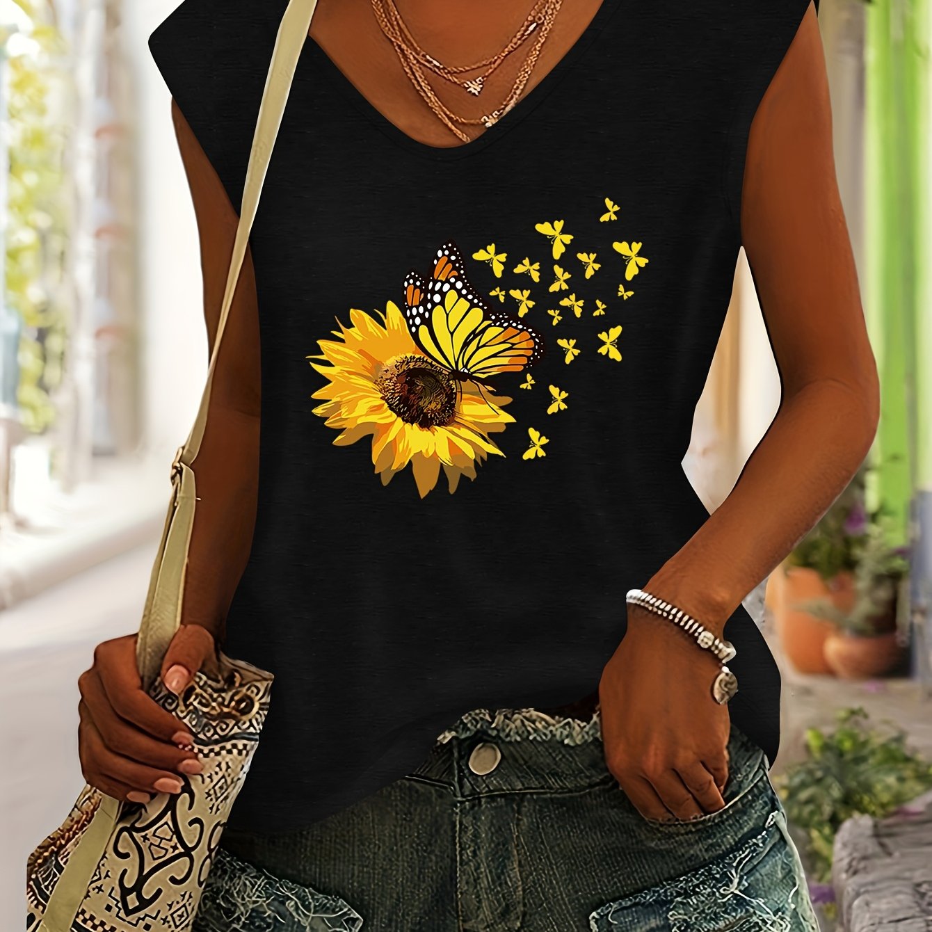 TEMU Sunflower And Print Women's Spring/summer Basic Top, Daily Simple Casual Colored V-neck Raglan Sleeves T-shirt