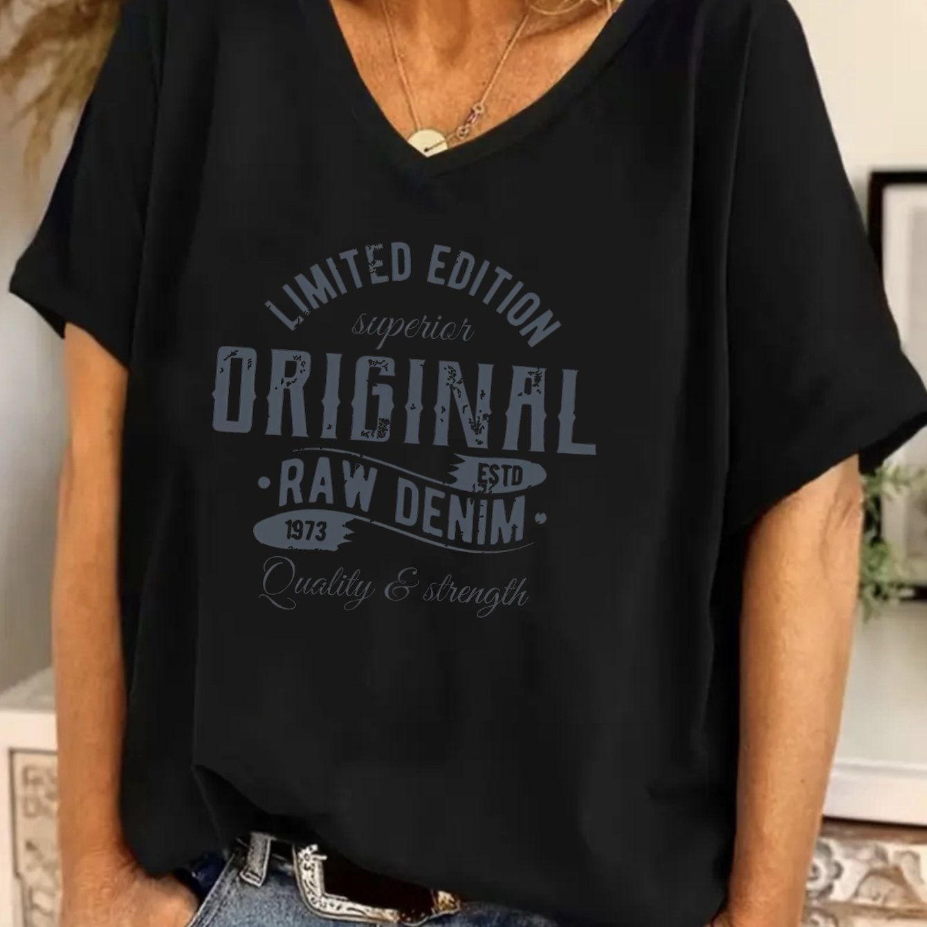 TEMU Plus Size Women's V-neck Black Short Sleeve Loose Summer Top, Vintage Distressed Edition Denim Tee