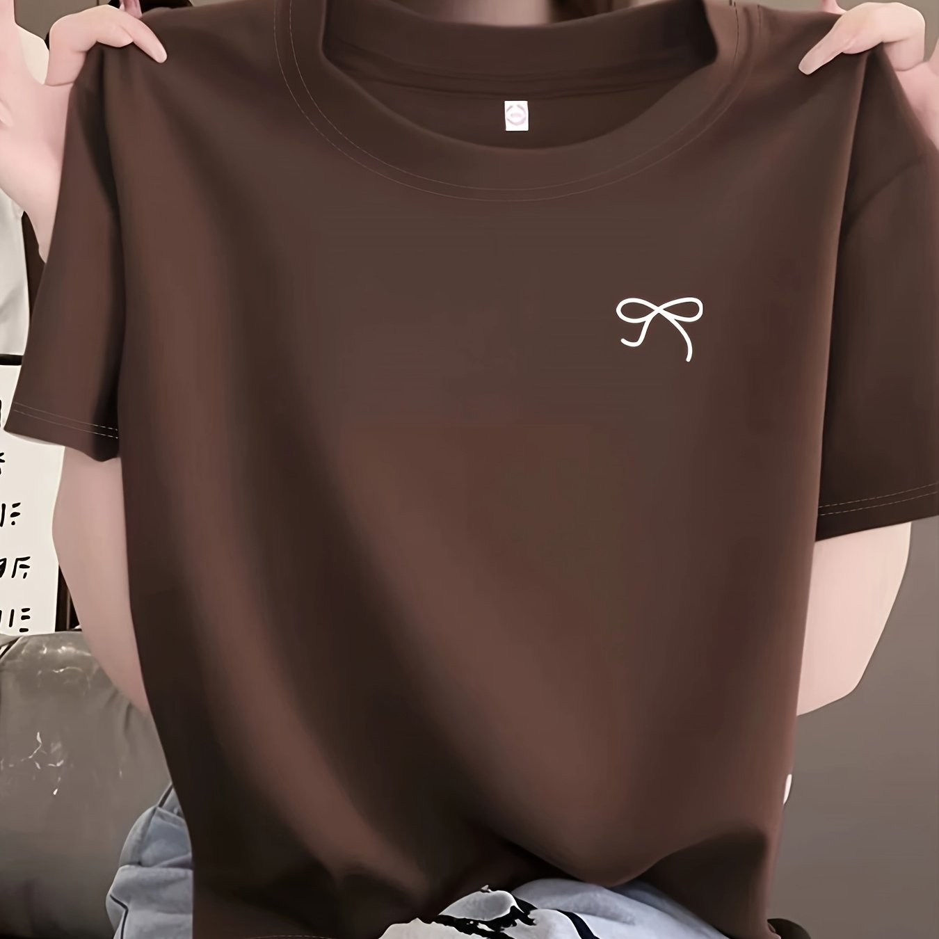 TEMU Women's Round Neck Short Sleeve T-shirt, Trendy Outfit, Printed Apparel, Summer Inner Wear, Round Neck Base Layer Top