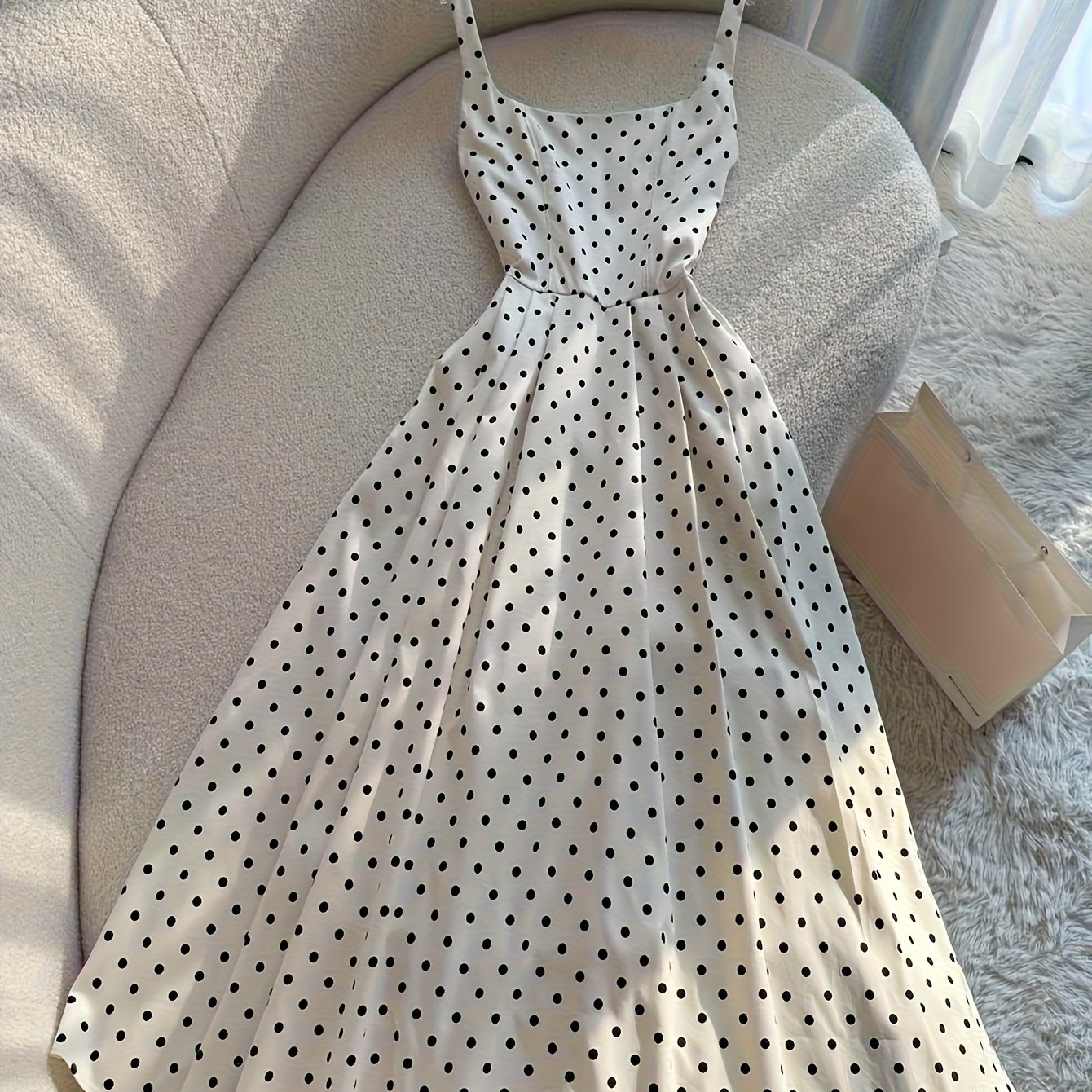 TEMU Elegant Black And White Polka Dot Halter Dress
