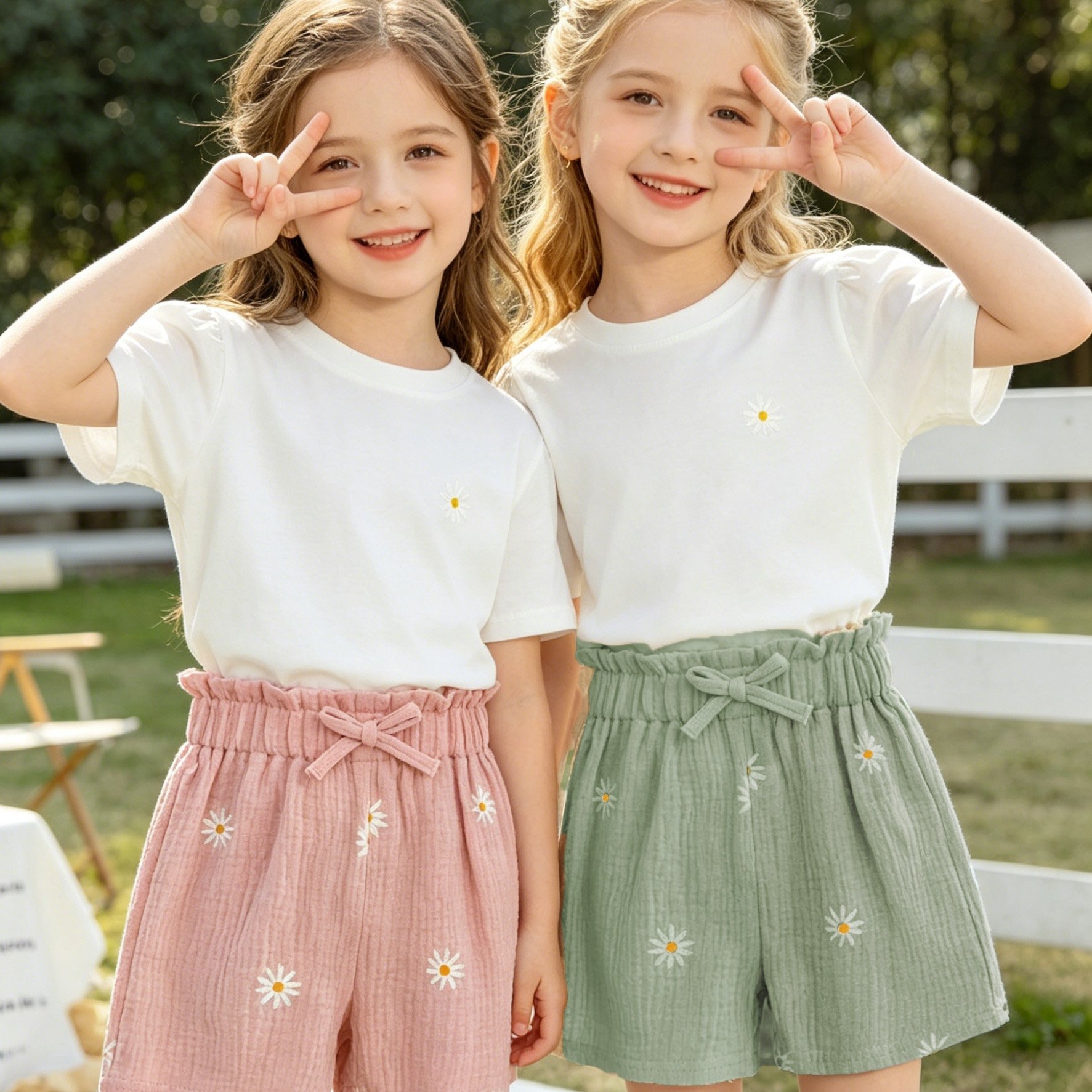 Image of Random 2pcs Girls' Shorts, Girls' Summer Elastic Waist Solid Color Shorts Set, Double-faced Crepe Comfortable Breathable Sweet Bow Decor Waistband, Daisy Pattern, Style, , Suitable For Outdoor Wear