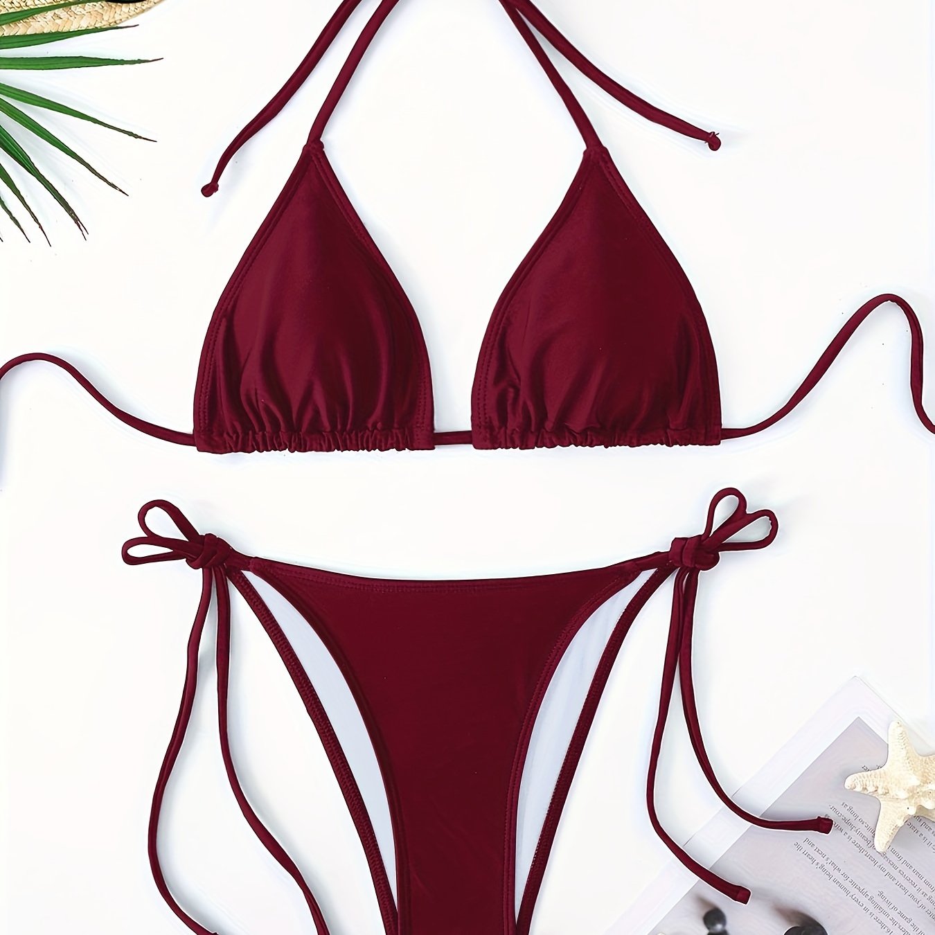 TEMU Women's Multifunctional Lace-up Bikini Set - High Cut, Solid Burgundy, High Elasticity, Adjustable Tie Details, Durable And Comfortable