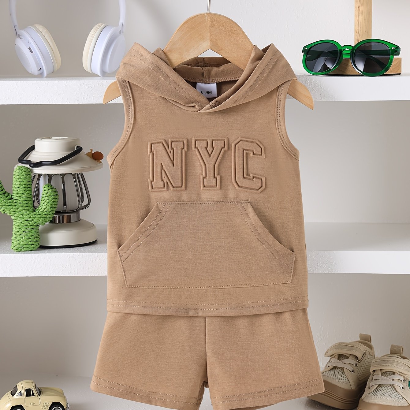 2pcs Of Baby Nyc Embossed Summer Set - Comfortable Hooded Vest And Shorts With Pocket Details, Suitable For Outdoor Children's Clothing, Perfect For Outdoor,boys And Girls Clothes