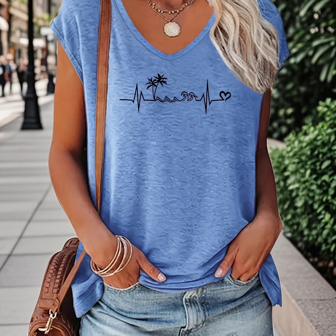 TEMU Plus Size - Plus Size - Plus-size T-shirt With A Blue Fashionable Print And V-neck, Featuring Small Flutter Sleeves