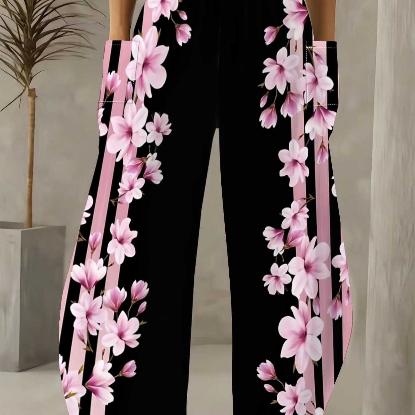TEMU Gentle Style Black Background Wide-leg Pants, Loose And To Cover The Flesh, Draping Lines With A -like Feel, Easily A Gentle And Intellectual