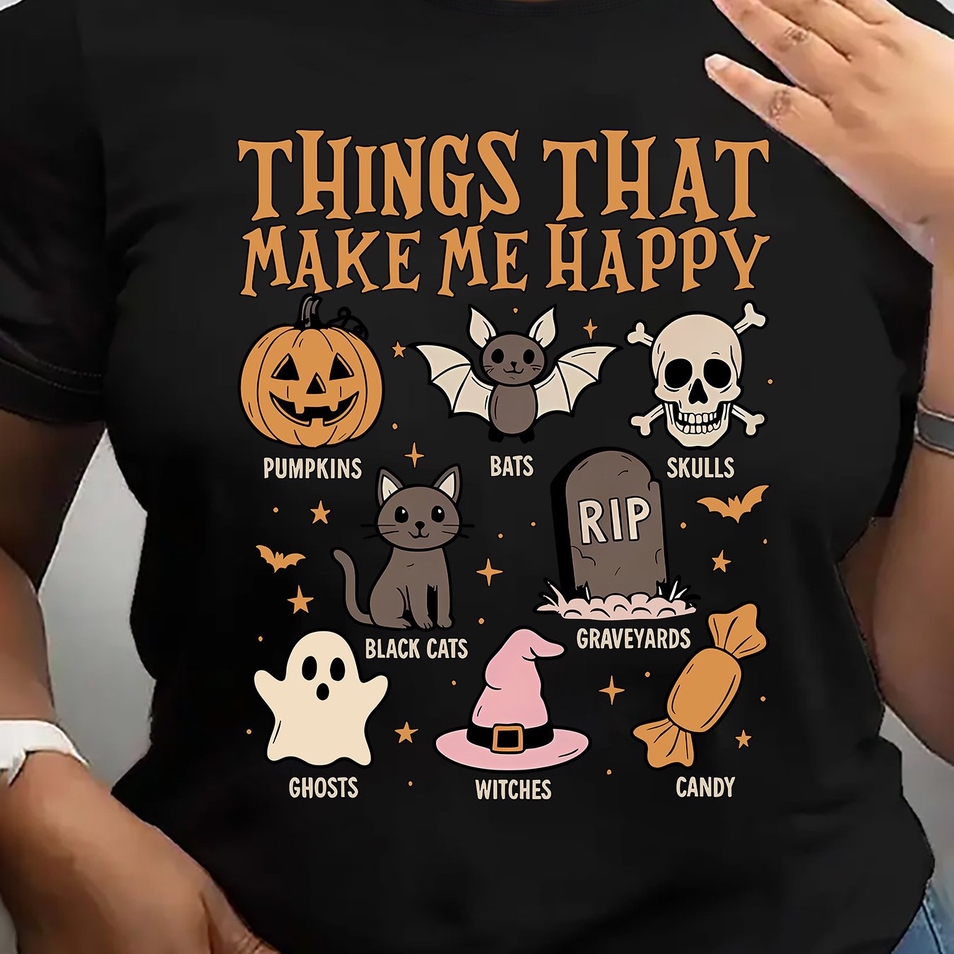 TEMU Women's Gothic Witch & Vampire Bat Print T-shirt - Spooky Black Cat, Bats, & Tombstone Design With Wiccan Symbols - Casual Short Sleeve Round