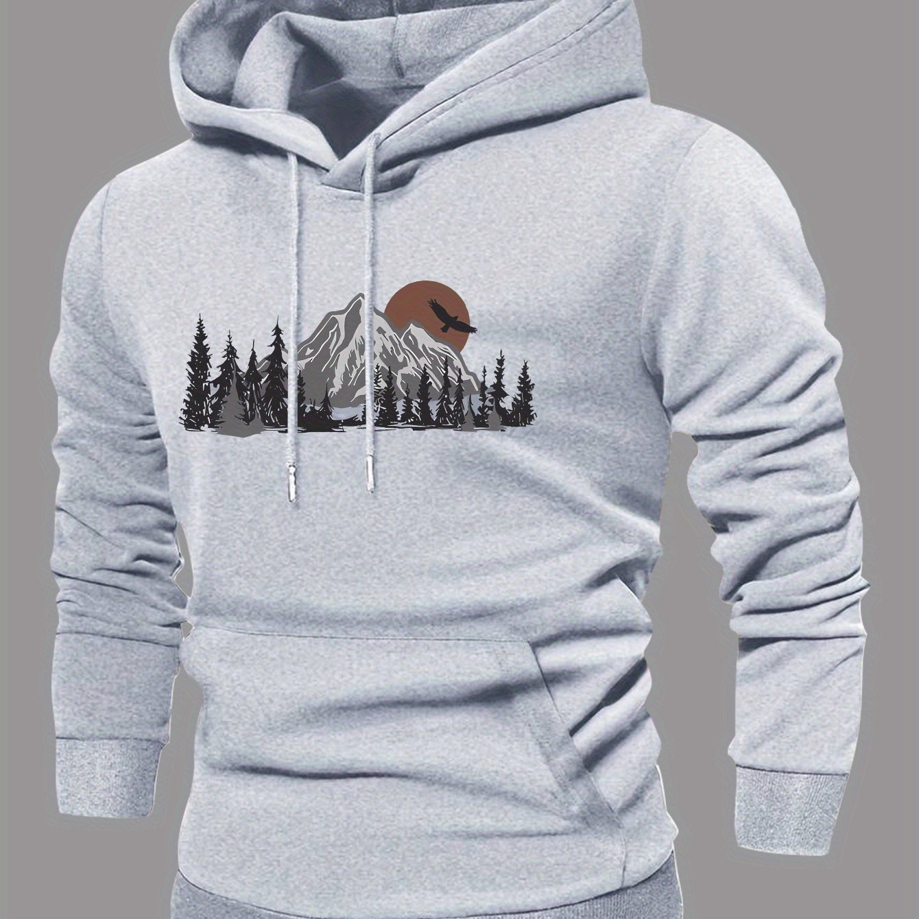 Image of Men's -lined Hooded Sweatshirt 2025 /fall Casual Pullover, Geometric Mountain And Pine Tree Pattern, Regular Fit Machine Washable Brown Street Style Sweatshirt | Mountain Landscape Print Design | Soft