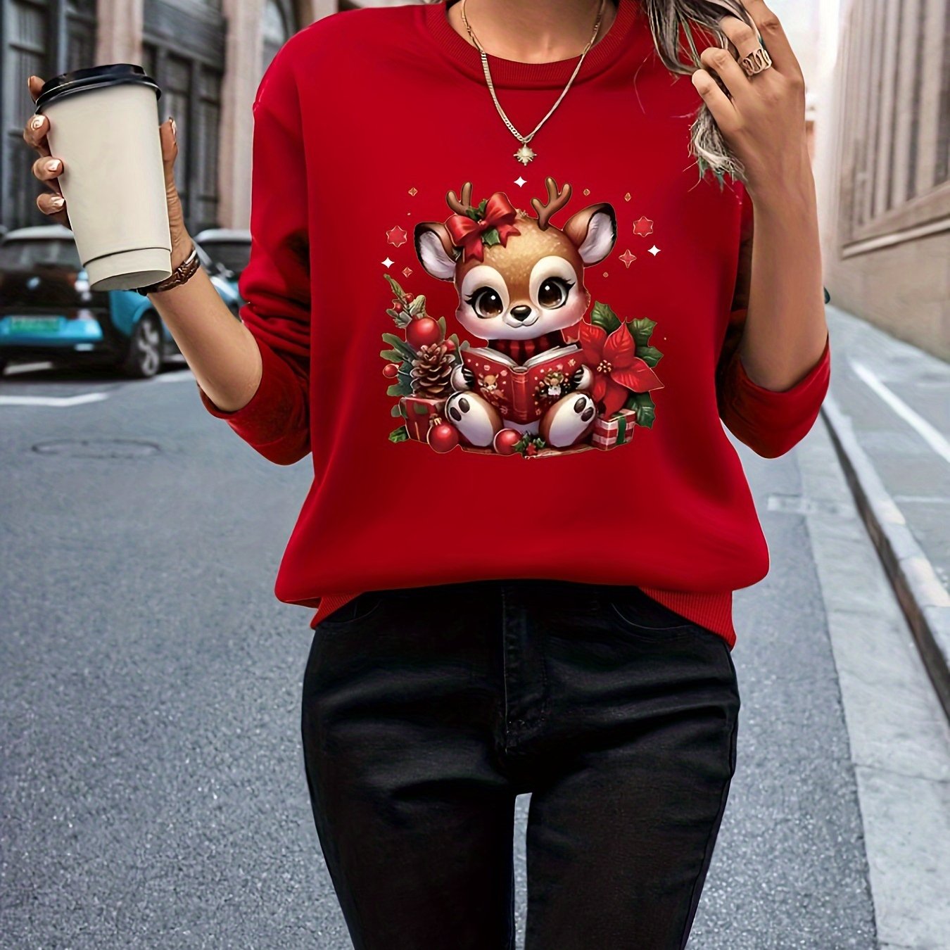 TEMU Fall/winter Casual Sweatshirt For Women With Christmas Deer And Print, Polyester Round Neck Hoodie With Alphabet