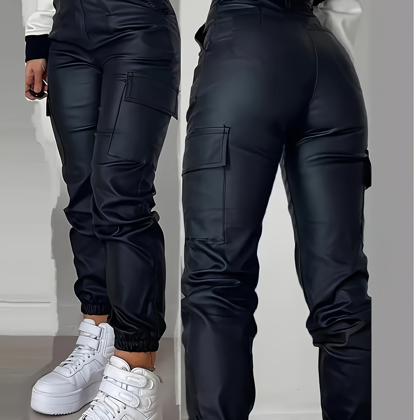 TEMU Women's Plus Size Mid-rise For Cargo Jogger Skinny Jeans. Side Patch Pockets For Cargo Vibe, Glossy Denim With Medium Stretch. Elastic Cuffs