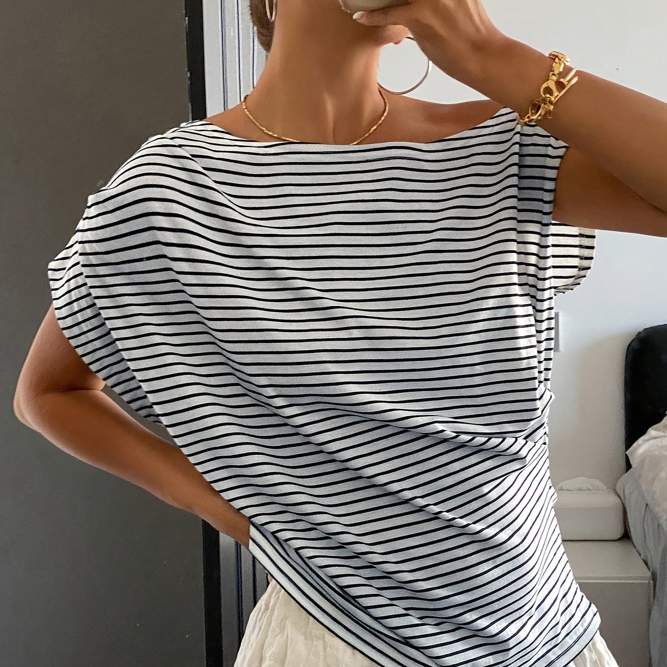 TEMU T-shirt à rayures pour femmes, manches courtes froncées et épaules dénudées, haut décontracté printemps été