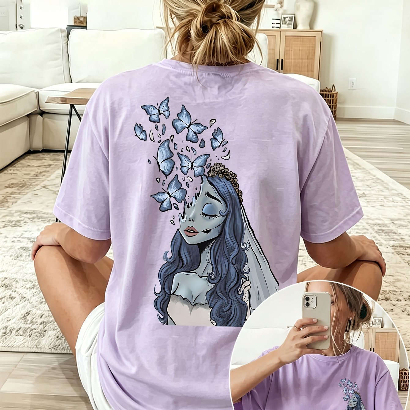 TEMU Warner Licensed - Left Chest Zombie Bride Mini Dark , Back Blue Hair Zombie Bride Portrait Double-sided Print, Front And Back Double-sided