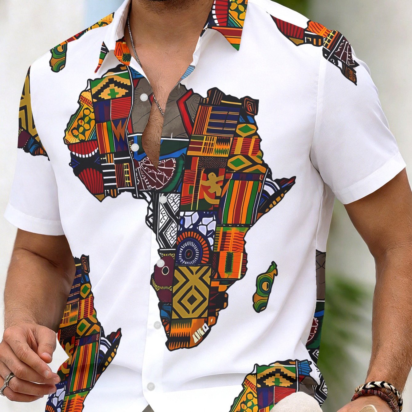 TEMU Men's Trendy Individual Short Sleeve Shirt With African Map, With Colorful Ethnic Style Patterns, And Cultural Sense - Self-street Print,