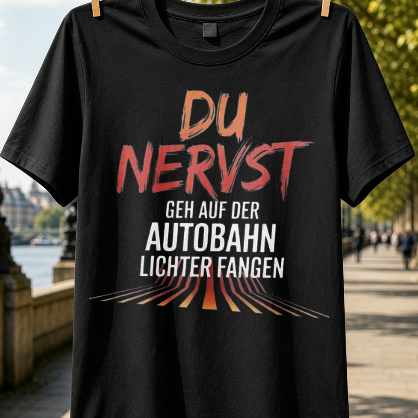 Image of Men' German Quote T-shirt "du Nervst Geh Auf Der Autobahn" - Red & Orange Brush Lettering With Autobahn Highway, Casual Round Neck Tee Suitable For Driving Enthusiasts, Wear, Machine Washable