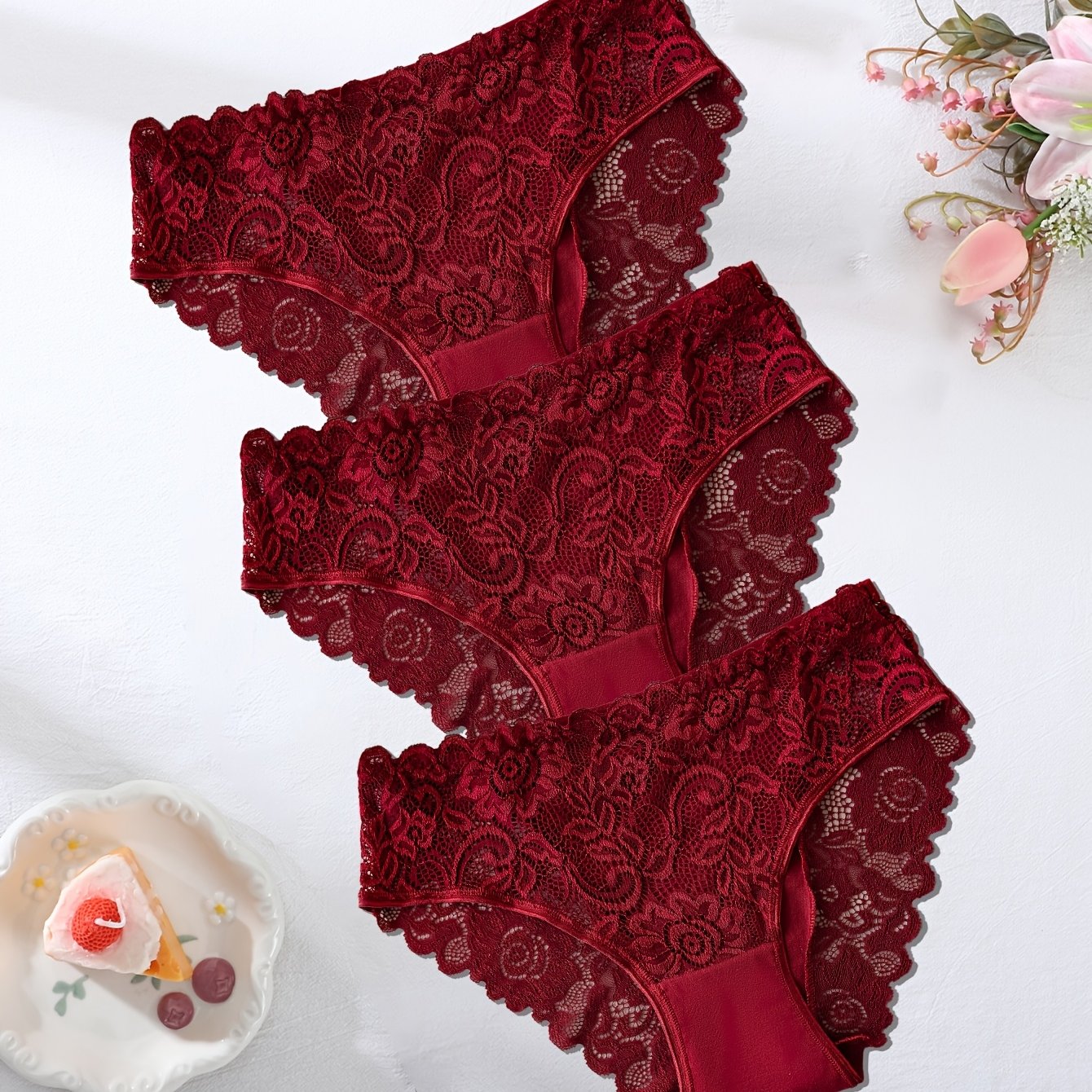 Image of Three-piece Women's Panty Set, Solid Color With Lace Trim Details, Red, Semi-transparent Mid-rise Panties, Breathable, Comfortable, Smooth Fabric, Suitable For Occasions