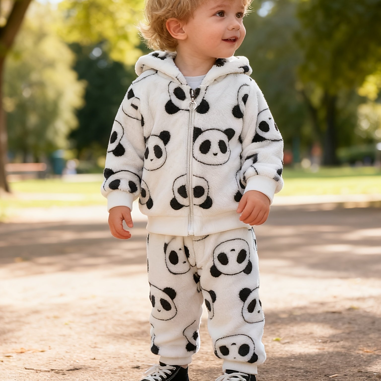 Baby Boy Winter Thick Cute Panda-shaped Plush Print Pattern With Hat And Zipper Top And Pants 2pcs Set, Perfect For Outdoor