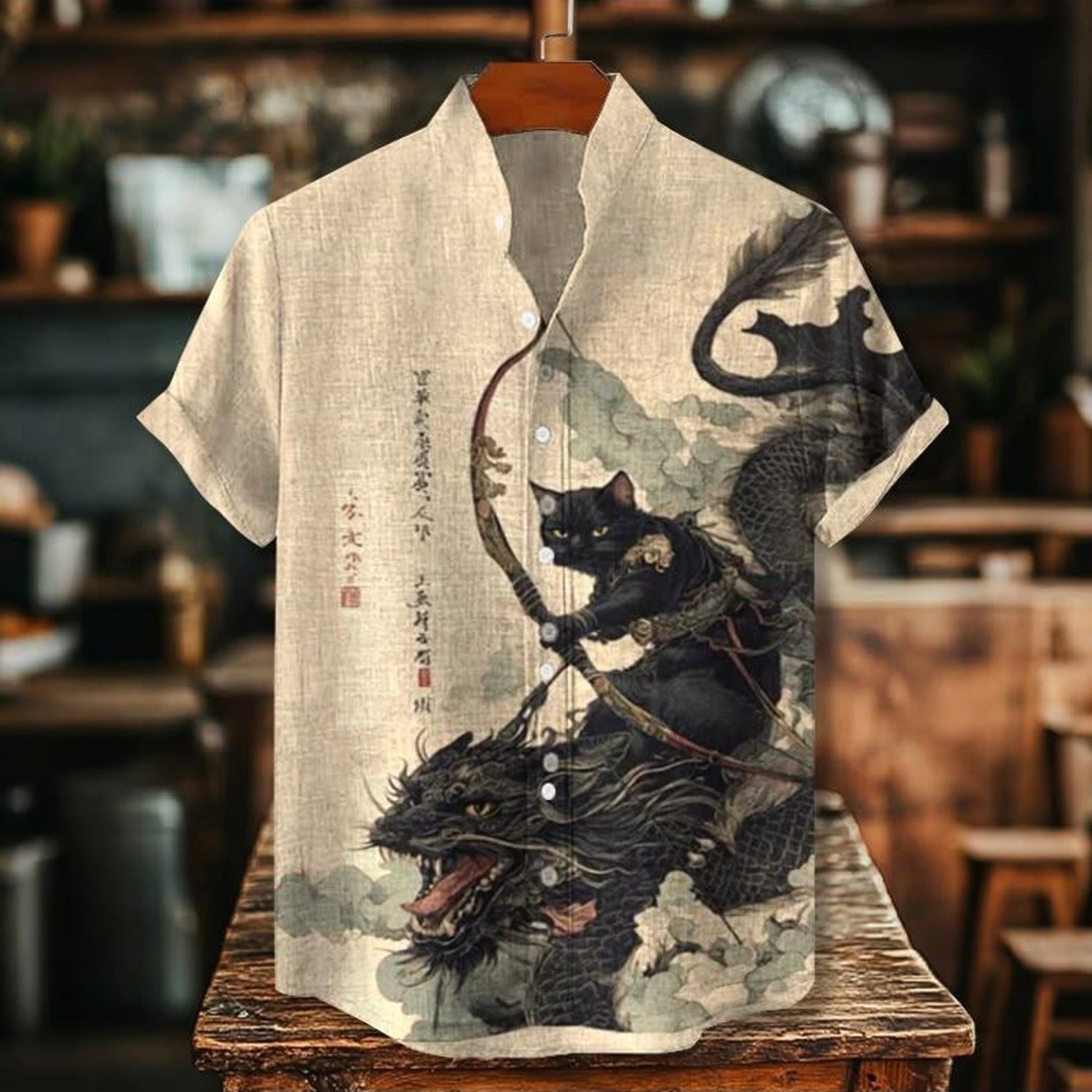 Image of Men's Stand-collar Pocket Dress Shirt, Dragon & Black Cat Print, Polyester Fabric, Casual Stylish Outfit, Mixed Color, Multiple Specifications , Artistic Chinese-, Display