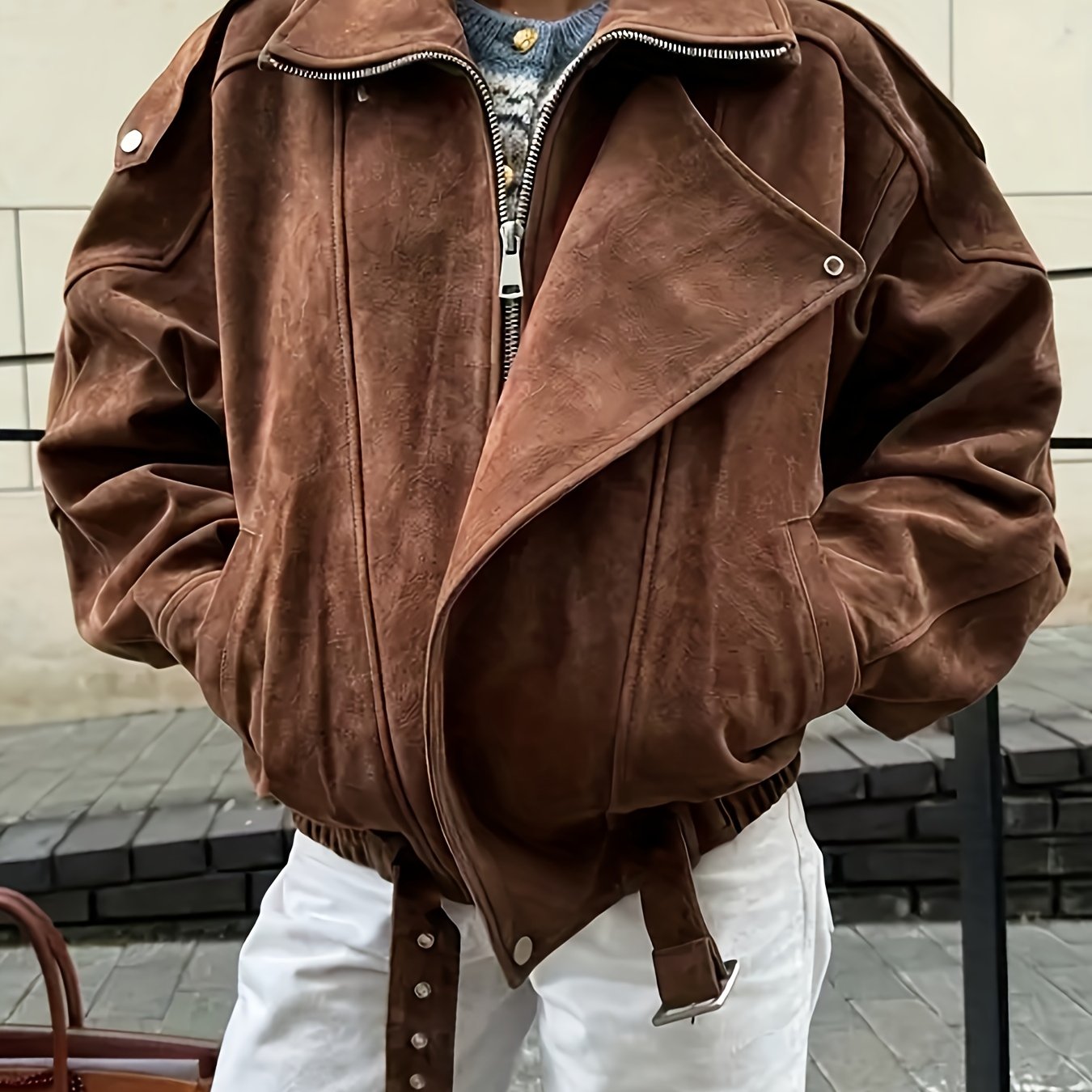 E-shop Elegante braune Damenjacke aus Kunststoff - Langärmlige Jacke mit Reißverschluss vorne und Knopfverschluss, strukturierter Stoff ohne
