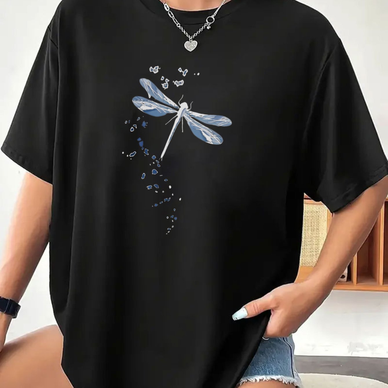 Women's T-shirt Blue Dragonfly With Sparkles Print Short Sleeve Crew Neck Casua Suitable For Spring And Summer 100% Printed T-shirt Women's Clothing