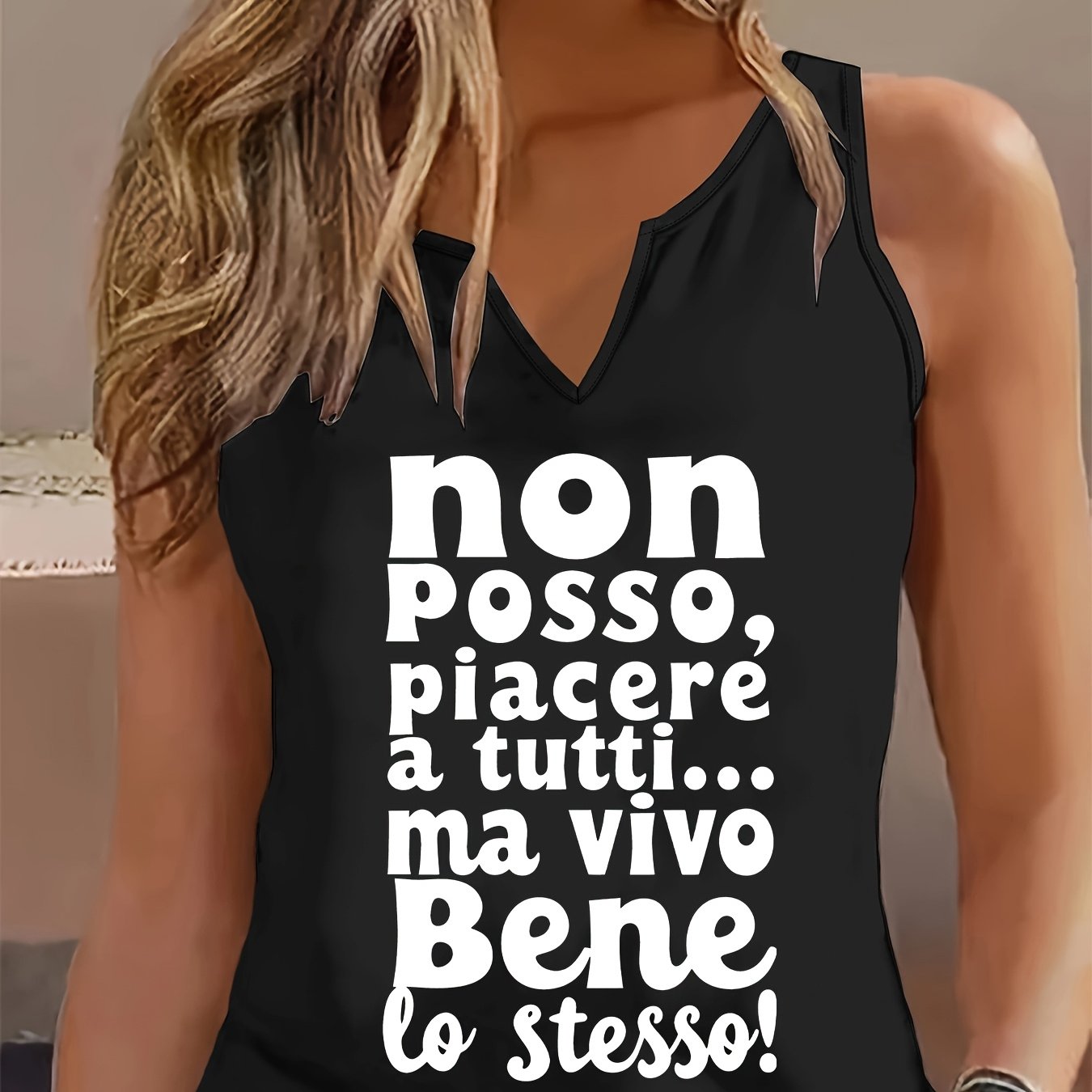 TEMU Women's Casual Pullover, V-neck Sleeveless Vest, Women's Elegant Trendy Fashion Beach Letter Print Tank Top, Summer And Spring Sleeveless Casual