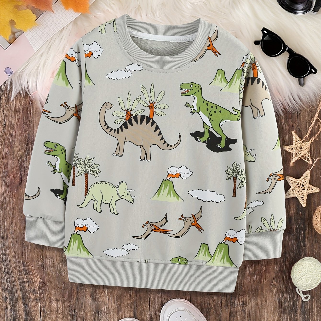 Image of Boys' Spring/autumn Sweatshirt With Fashionable "dinosaur" And "volcano" Print, Stylish Top For Parties Or Back-to-school Outdoor Wear