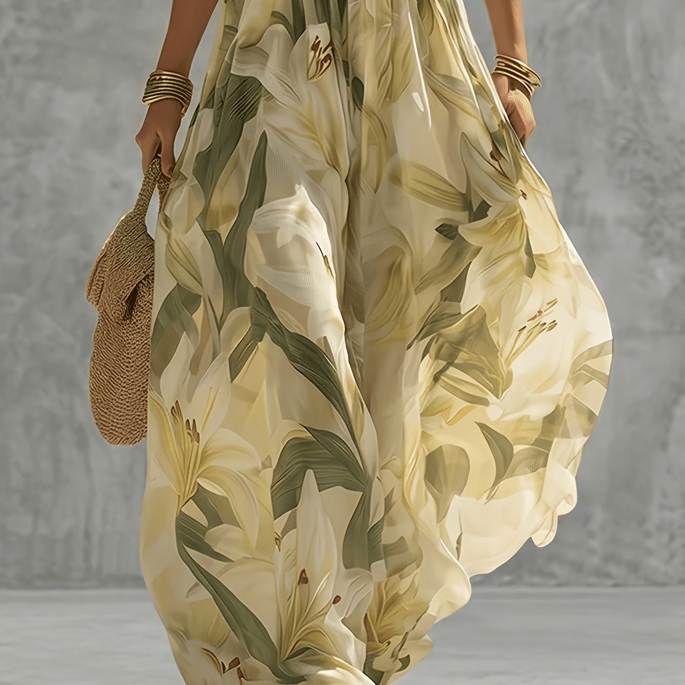 TEMU New Women's Elegant Chiffon Printed Wide-leg Pants, Fashionable And Versatile With Elastic Waistband, Practical Pockets, Pants-skirt, Long