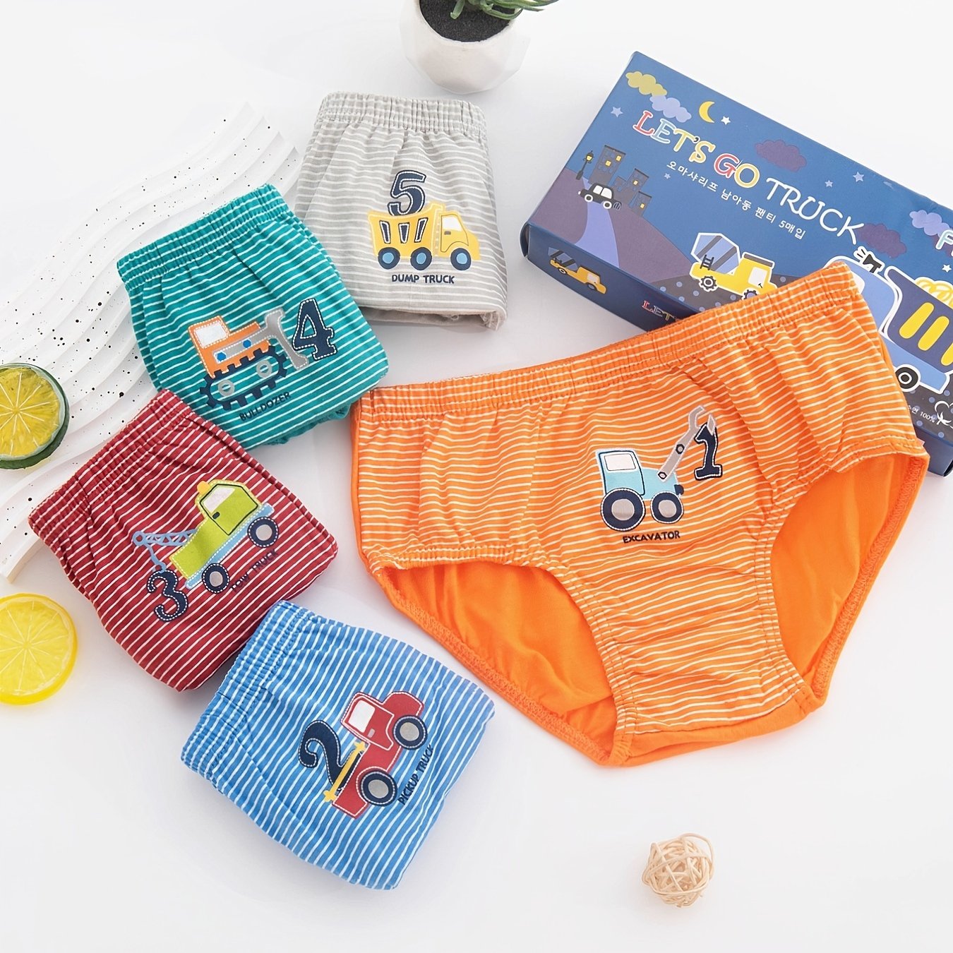 Image of 5pcs Boys' 100% Cotton Underwear Suitable For & - Soft Breathable Triangle Briefs With Vehicle & Number Print, Medium Stretch, Machine Washable, - For Boys' Daily Wear