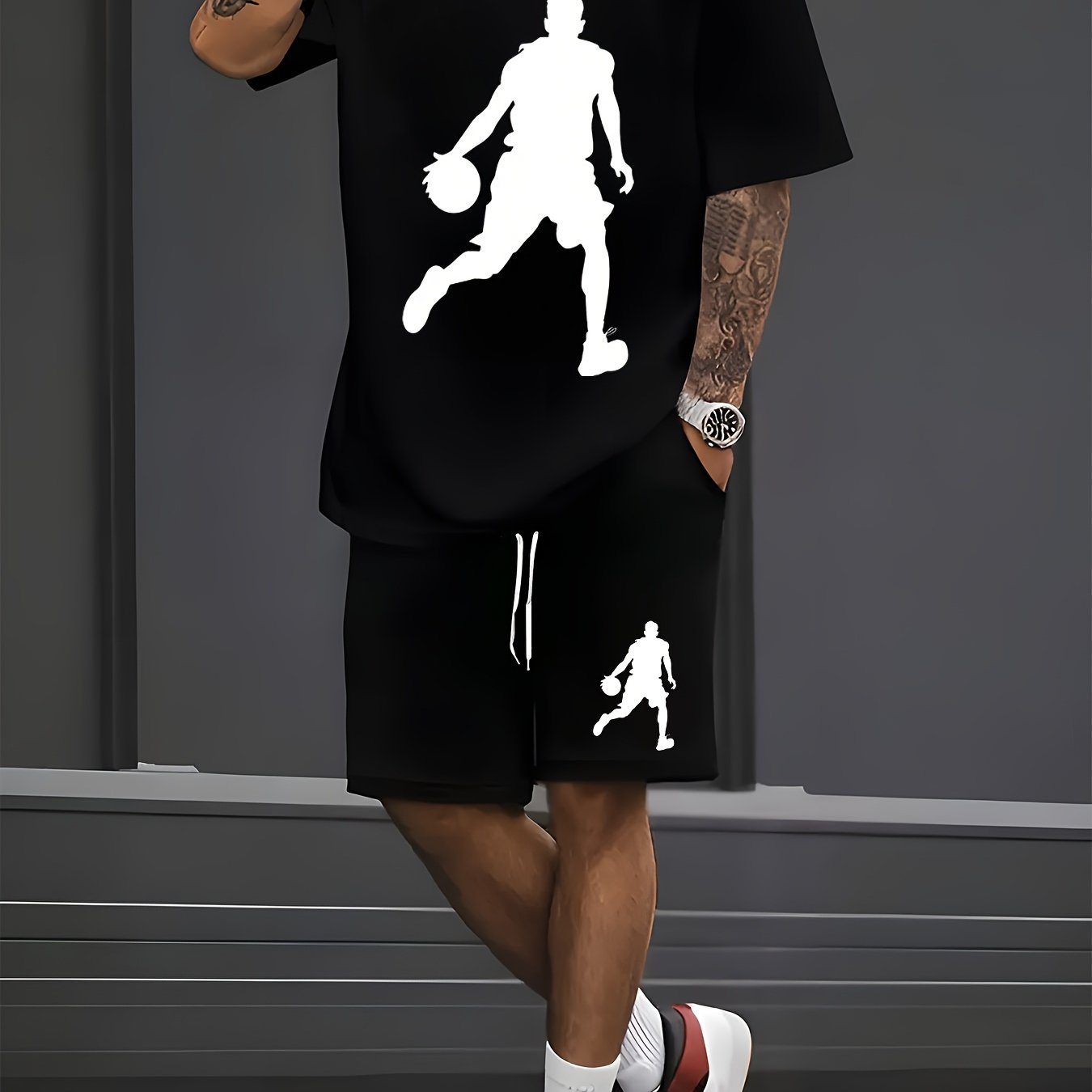 TEMU Men's Basketball Silhouette Print Short Sleeve T-shirt And Drawstring Shorts Set - Casual Sportswear For Spring And Summer, Round Neck, Stretch