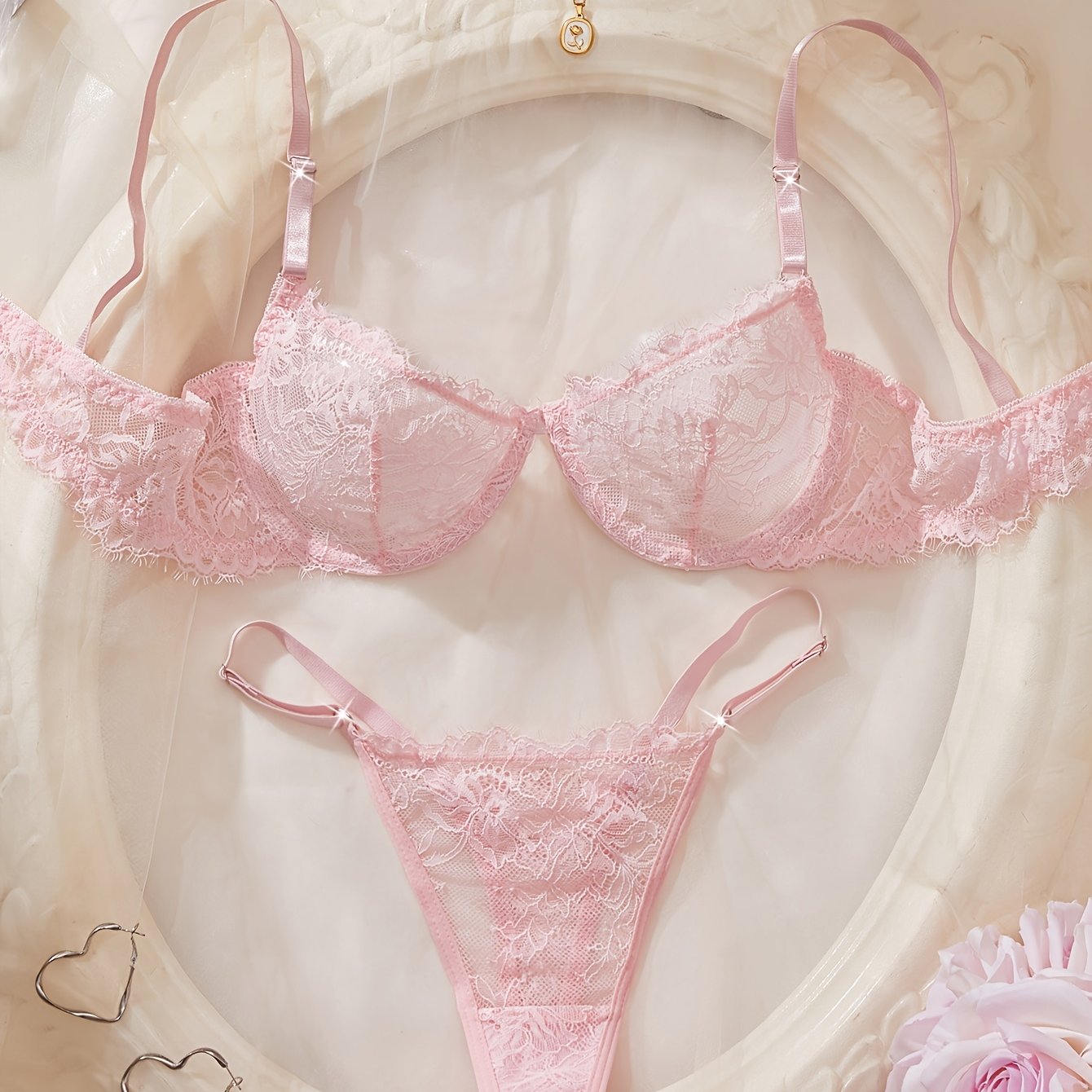 TEMU Conjunto de 2 piezas de lencería de encaje para mujer: y braguita - Ropa interior de tiro de cobertura total con y braguitas , no transparente,
