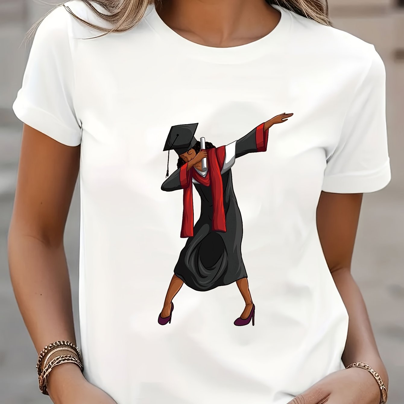 TEMU Women's Fashion Graduation Season Printed T-shirt, Casual Round Neck Short Sleeve, Breathable And Machine Washable