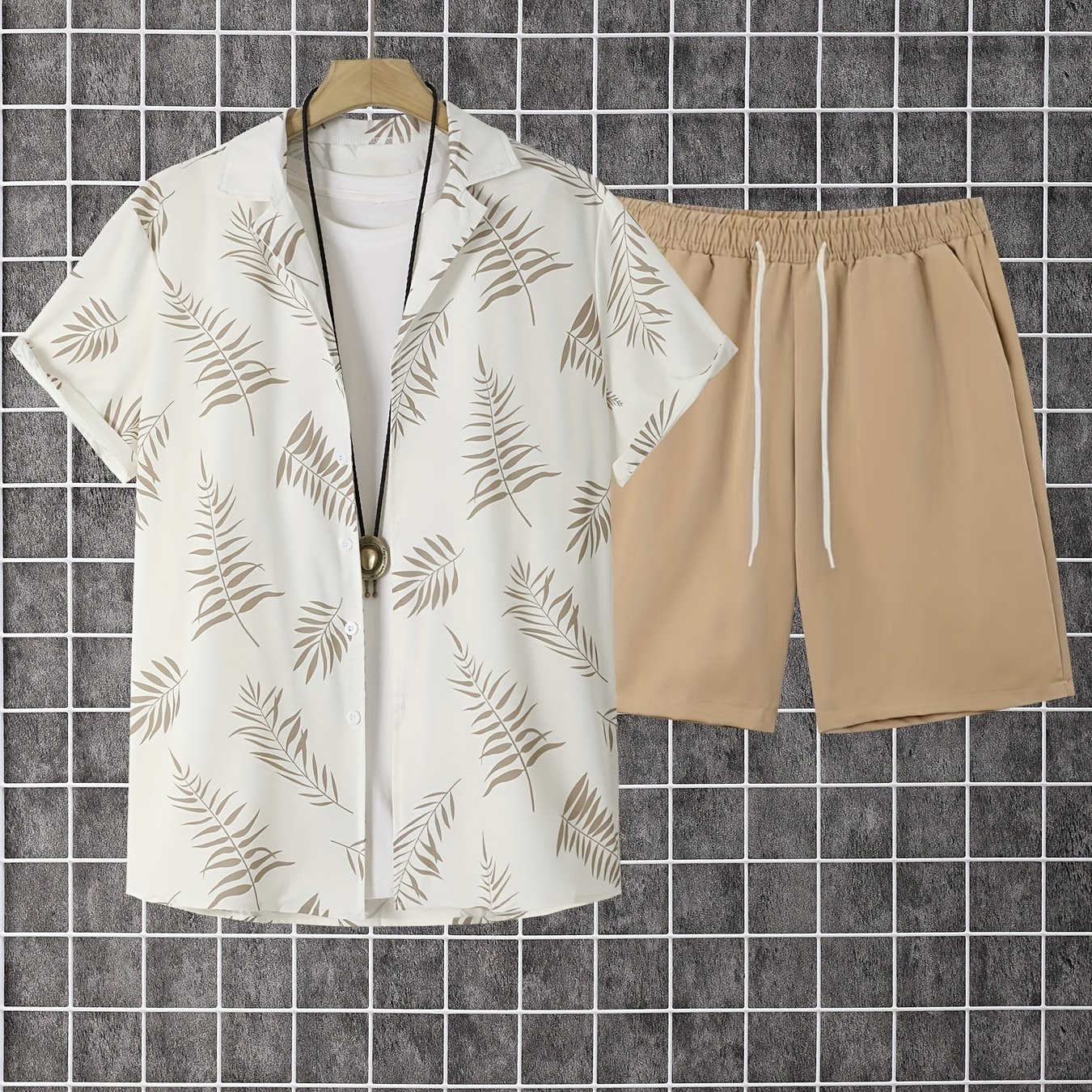 Image of Men's 2pcs Hawaiian Style Short Sleeve Suit Shirt And Drawstring Shorts, Button-up Shirt And Solid Color Shorts, Perfect For Summer Daily Wear And Vacation Destinations