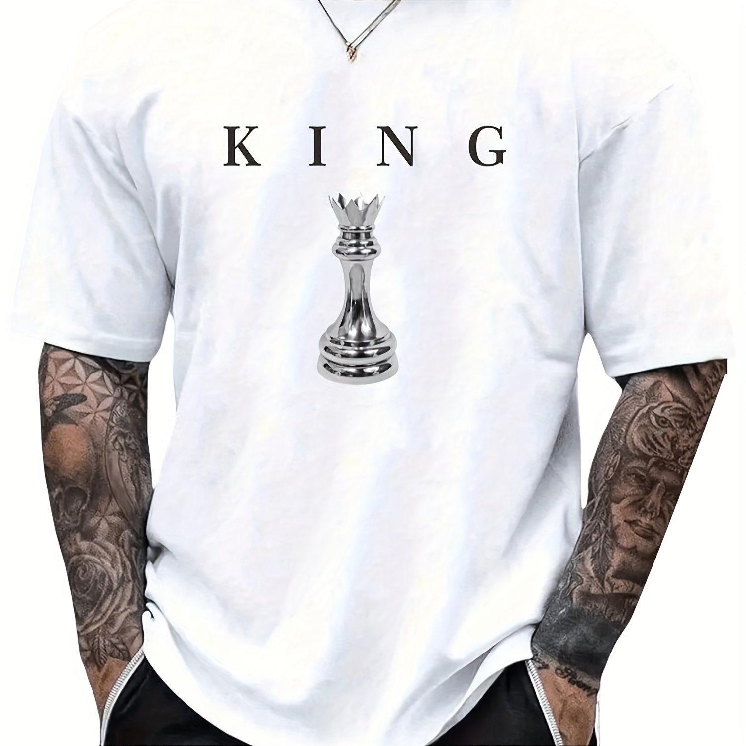 TEMU Men's With Chess Piece Print (king, Queen, Rook, ) - Soft Breathable Cotton Casual Round Neck Tee Suitable For Chess Tournaments & Casual Attire