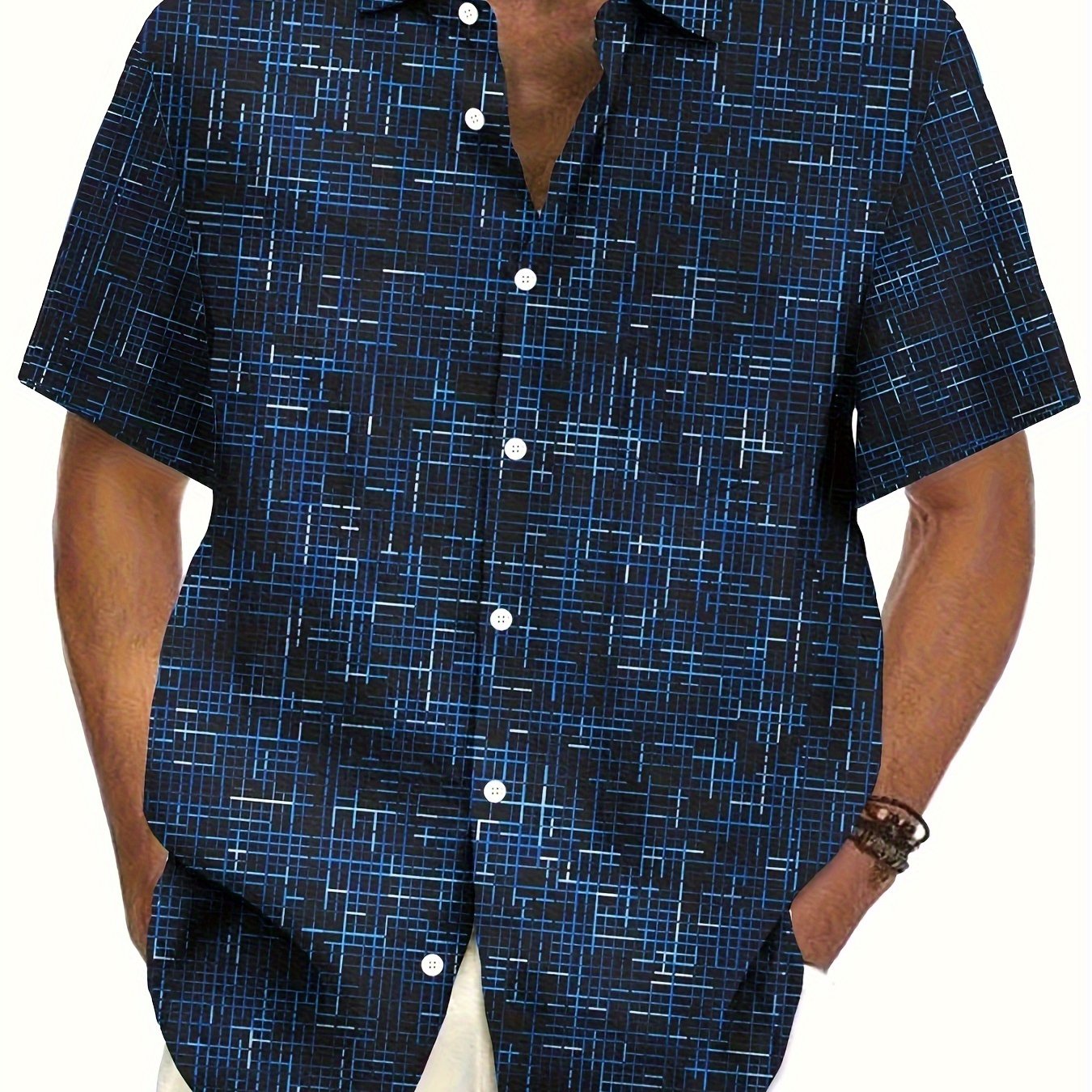 Image of Retro Texture Geometric Print Men's Plus Size Button-pocket Short Sleeve Shirt