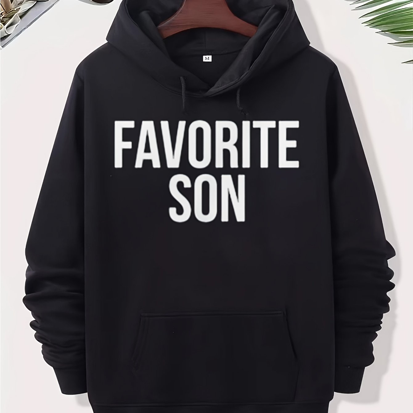 TEMU Men's Funny Son Text Hooded Sweatshirt - Knit Pullover Hoodie With Kangaroo Pocket, Casual Crew Neck Long Sleeve, Black With White Lettering -