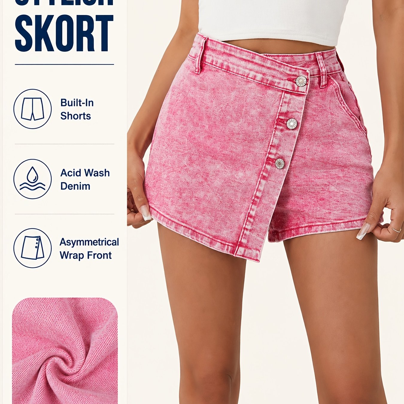 Many Women's Denim Shorts, Pink Stretch Denim Skort For Women, Machine Washable Casual Fashion Shorts For Spring And Summer