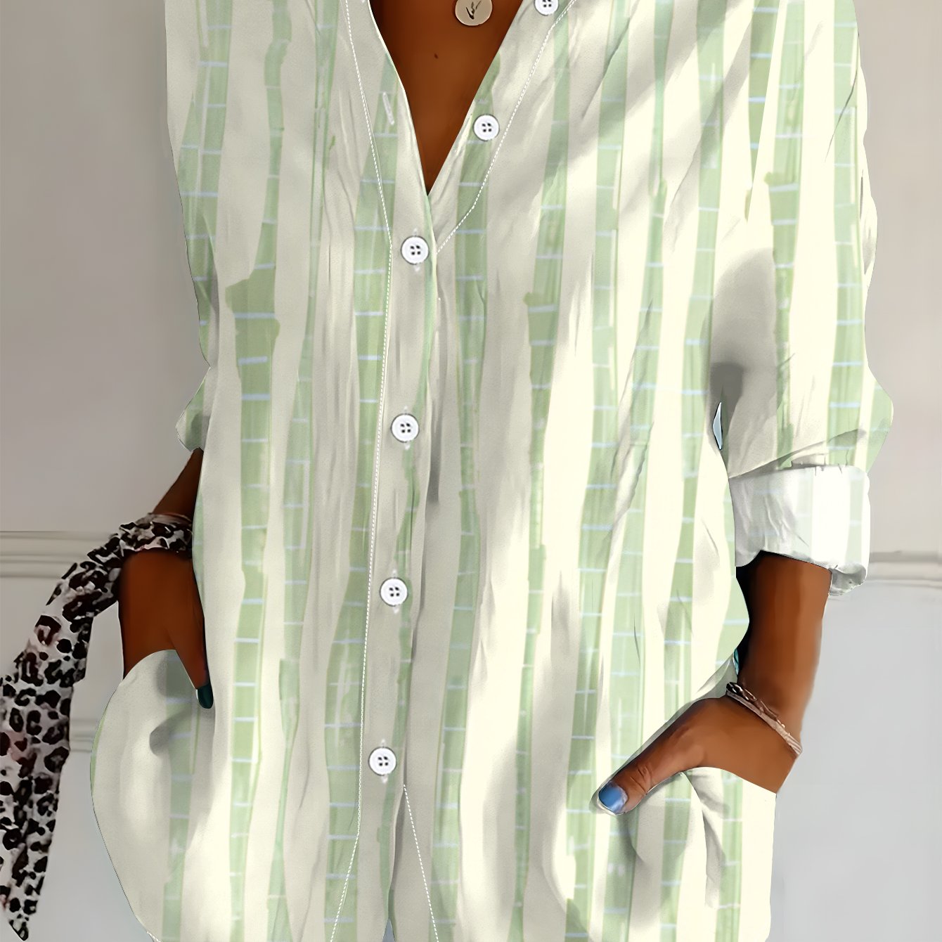 TEMU Plus Size, Plus Size Women's Long Sleeve Shirt, Vertical Stripe Print Shirt, Fresh Bamboo Branch Style, Mid-length Women's Shirt, Light Casual